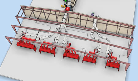 A 3D model of the ventilation system on the inside of a building