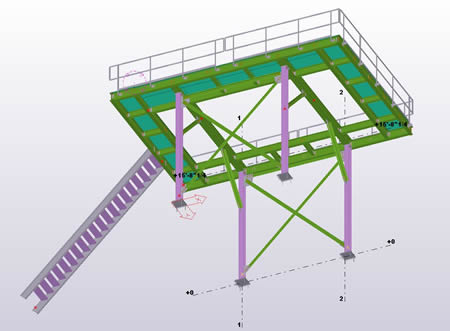 A 3D model of a catwalk with safety railings